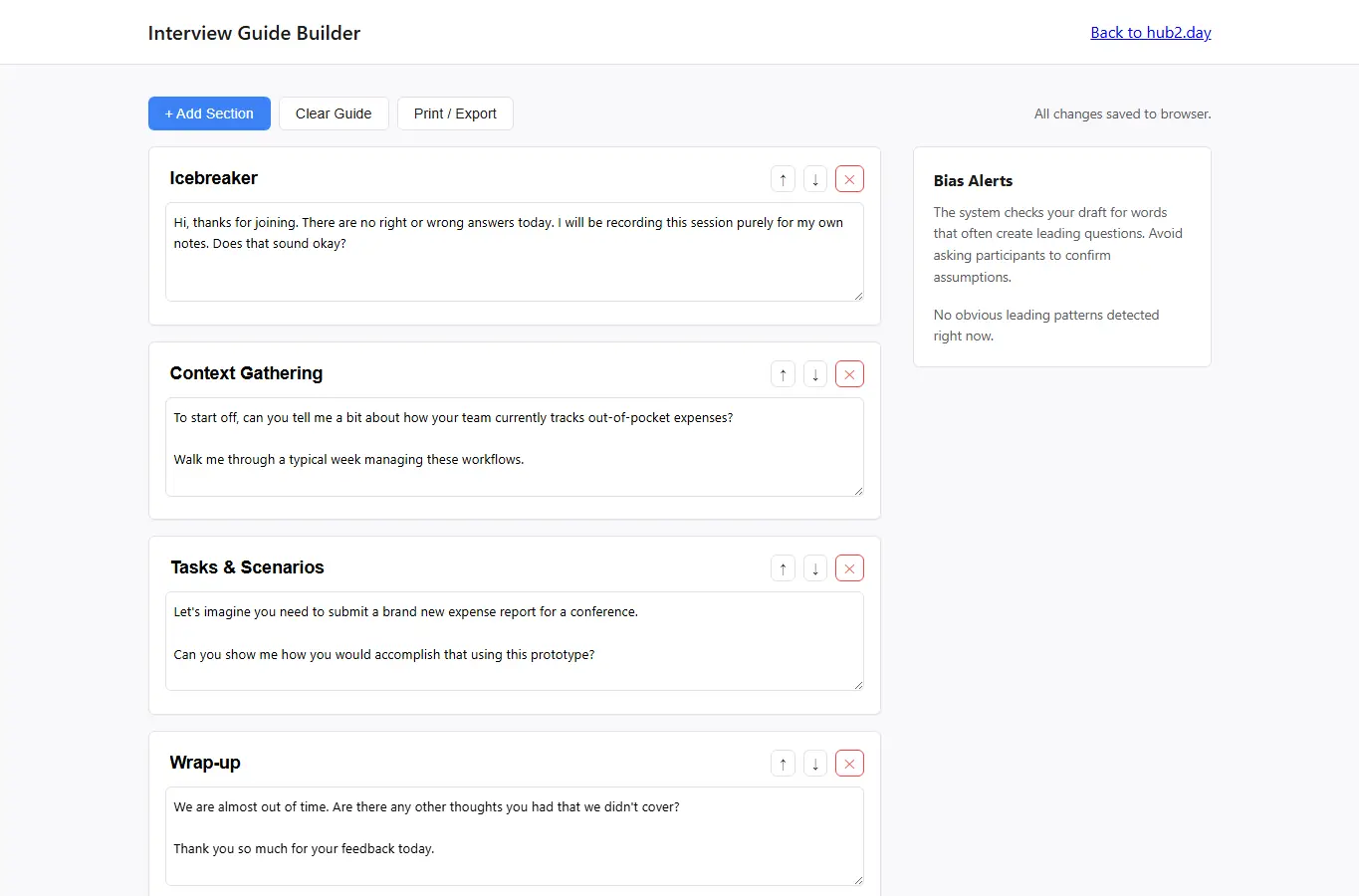Screenshot of Interview Guide Builder interface showing the project page in use